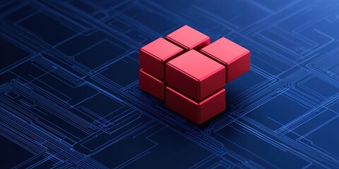 Aufkleber - A vibrant red block structure sits against a blue geometric background, suggesting themes of creativity and problem-solving.
