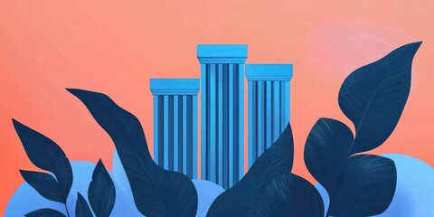 Poster - A vibrant illustration featuring blue columns surrounded by dark leaves against a warm, orange background, evoking a sense of classical architecture.