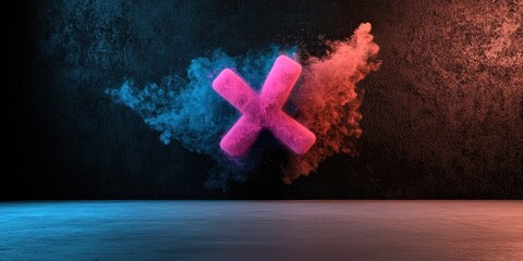 Poster - A vibrant digital artwork featuring a stylized pink cross amidst colorful smoke effects in blue and red against a dark background.