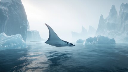 Canvas Print - Manta ray partially submerged in icy arctic waters near icebergs.