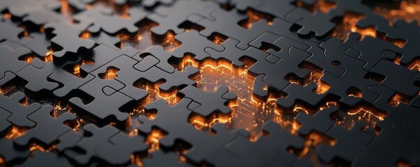 Poster - A close-up view of intricate black puzzle pieces with glowing edges, creating a visually striking contrast and an intriguing pattern.