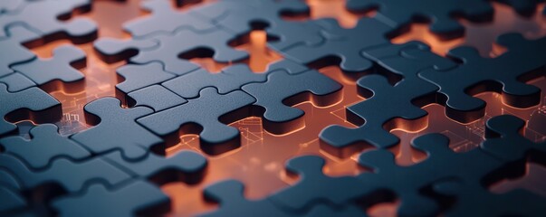 Fototapete - A close-up view of black puzzle pieces interlocked, revealing a warm glow underneath, emphasizing the theme of mystery and complexity.
