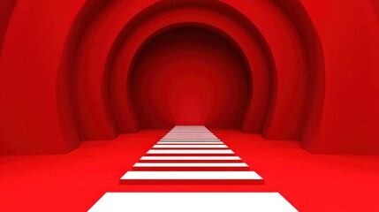 Poster - abstract red tunnel with white stripes leading to a circular opening, creating a vibrant atmosphere