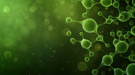Aufkleber - A vibrant green background with abstract molecules and particles, conveying a sense of scientific exploration and cellular structures.