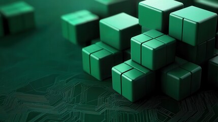 Aufkleber - A close-up view of green 3D blocks arranged on a textured surface, creating a modern, abstract visual.
