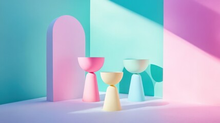 Poster - Colorful abstract scene featuring pastel bowls against a vibrant, geometric background