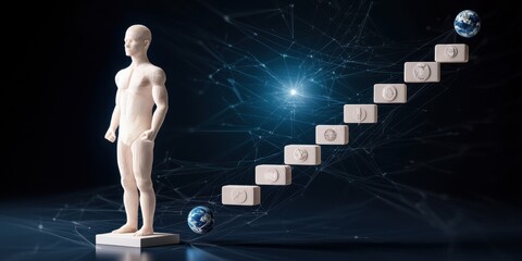 Fototapete - A digital human figure stands beside ascending blocks leading to globes, symbolizing growth, technology, and the connection between humanity and the universe.