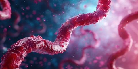 Poster - A vibrant, abstract depiction of twisting, red cells against a colorful backdrop, suggesting a dynamic biological environment.