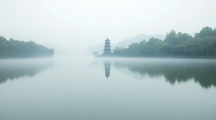 Wall Mural - Misty Pagoda Lake Serenity: A Peaceful Reflection