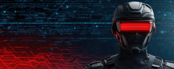 Poster - A futuristic robotic figure with red glowing visor stands against a digital backdrop, combining elements of technology and sci-fi aesthetics.