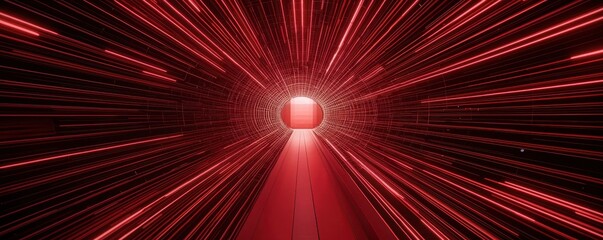 Aufkleber - A vivid tunnel of red light streaks towards a bright exit, creating a sense of motion and depth in a digital or futuristic environment.