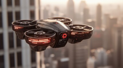 Poster - A sleek drone hovers above a city skyline at sunset, showcasing advanced technology and design against a vibrant urban backdrop.