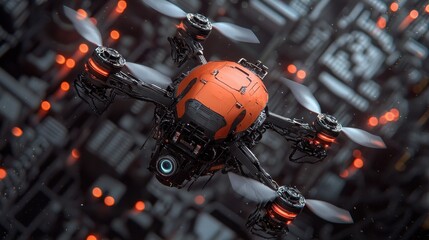 Poster - A futuristic orange drone hovers above a complex, high-tech environment filled with intricate patterns and glowing elements.