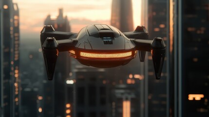 Poster - A futuristic drone hovers above a city skyline at sunset, showcasing advanced technology and sleek design amid towering skyscrapers.