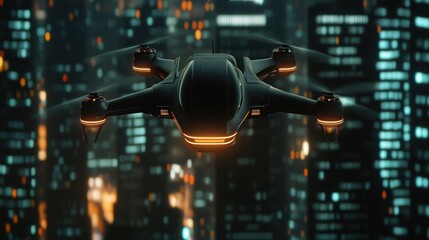 Poster - A futuristic drone hovers against a backdrop of illuminated skyscrapers in a vibrant cityscape at night.