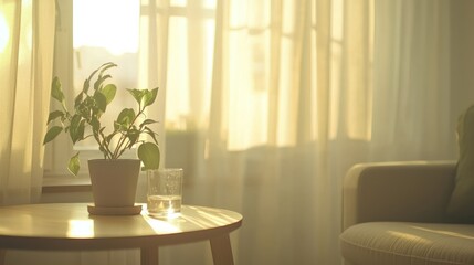 Canvas Print - Sunlit room with plant, glass, and couch.