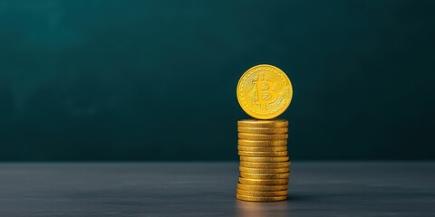 Poster - A stack of shiny gold coins is arranged vertically against a dark green background, highlighting wealth and prosperity.