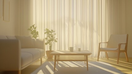 Canvas Print - Sunlit living room with sofa, armchair, coffee table, plants, and sheer curtains.