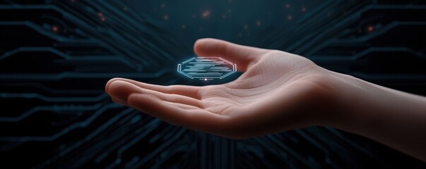 Poster - A futuristic hand holds a glowing digital orb, surrounded by a dark, circuit-patterned background, symbolizing technology and innovation.