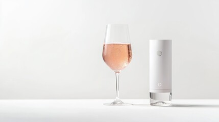 Poster - Rose wine in glass beside white cylinder device.