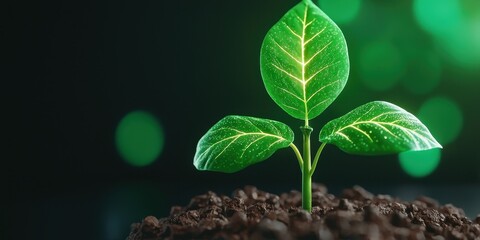 Poster - A young green plant emerges from rich soil, symbolizing growth and renewal against a soft-focus green background.