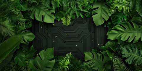 Poster - A circuit board is surrounded by lush green leaves, blending technology with nature in a striking contrast.