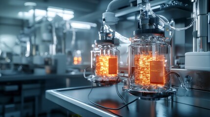 Leinwandbilder - Innovative medical technology laboratory digital handoff industrial close-up glowing information transfer