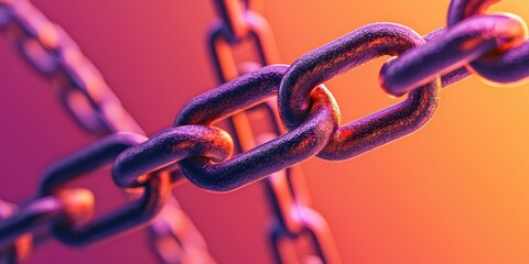 Poster - A close-up view of a metallic chain link glowing with vibrant colors against a gradient background, highlighting texture and connection.