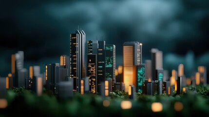 Poster - A illuminated cityscape at night, featuring modern skyscrapers amongst a dark and moody atmosphere, showcasing urban architecture and design.