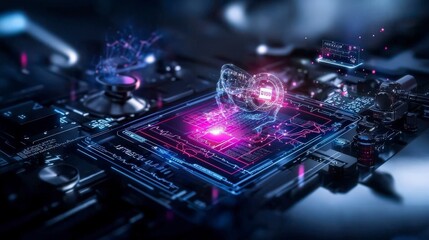 Fototapete - Advanced digital assistant analyzing glowing circuitry virtual environment tech visualization futuristic concept