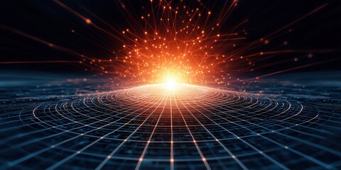 Aufkleber - A vibrant explosion of light and energy emanates from a central point, surrounded by a grid pattern, creating a dynamic cosmic effect.