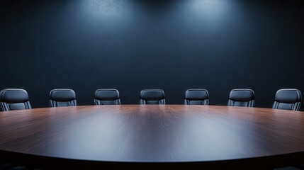 Poster - A modern conference room featuring a large round table and several empty chairs, illuminated by soft lighting against a dark background.