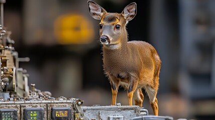 Aufkleber - Muntjac deer as aerospace engineer planning in an innovative workshop environment nature and technology fusion