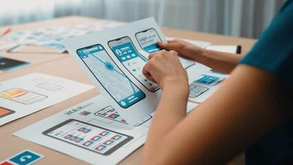 Poster - startup company employee planning for user interface prototype for mobile application or website in 