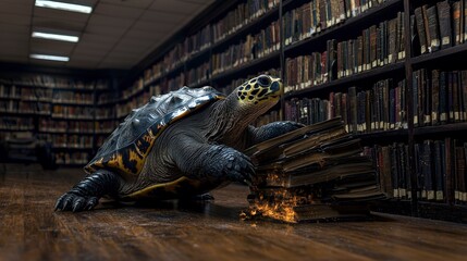 Poster - Turtle librarian organizing books in vast library indoor fantasy cozy perspective imagination