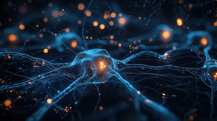 Poster - Intricate neural network representation with glowing connections, depicting the complexity and beauty of human brain activity in a digital illustration