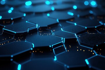 Wall Mural - Abstract dark blue hexagonal technological background with glowing lines.