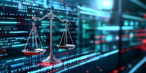 Poster - digital law concept featuring scales of justice in data center environment abstract technology visua