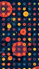 Fototapete - A painting of many small circles of different colors. The circles are mostly blue and red. The circles are scattered all over the painting