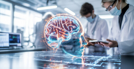 Aufkleber - A group of interns in lab coats collaborates on advanced medical research. They engage with digital technology, indicating significant strides in medical innovations and future healthcare.
