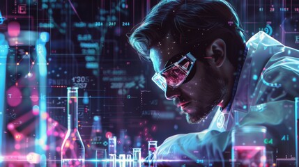 Leinwandbilder - A focused scientist in protective eyewear examines samples in a modern laboratory, surrounded by glowing data visualizations and lab equipment during an advanced research session.