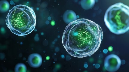 Poster - Close-up View of Microbial Cells with Intricate Green Structures and Dynamic Background for Scientific and Educational Purposes