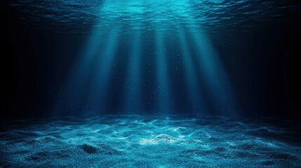 Poster - Serene Underwater Scene with Rays of Light Illuminating the Deep Ocean Floor and Creating a Tranquil Atmosphere in Dark Water