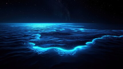 Poster - Ethereal Ocean Scene with Glowing Blue Water and Starry Night Sky Creating a Magical and Tranquil Atmosphere for Relaxation and Reflection