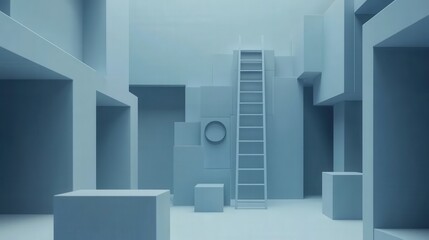 Poster - abstract blue interior with geometric shapes, a ladder leading upwards, and soft light illuminating 