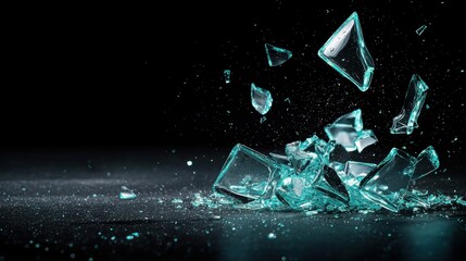 Poster - Shattered Glass Fragments in Dynamic Motion against Black Background with Reflective Surface and Dramatic Lighting Effects