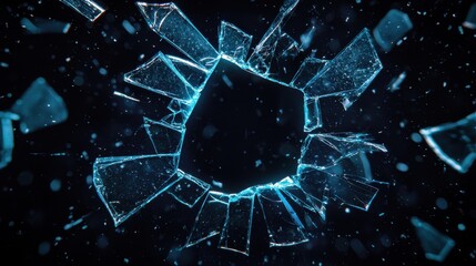 Poster - Fragmented Glass Shattering Into Pieces with Glowing Edges and Dark Background, Creating a Dramatic Visual Effect and Dynamic Energy