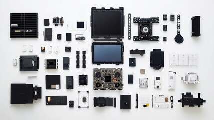 Poster - collection of various camera components and accessories arranged on a clean white surface