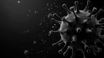 Poster - Close-up Visualization of a Virus Structure with Detailed Surface Texture and Background of Microscope Particles, Ideal for Scientific and Medical Imagery