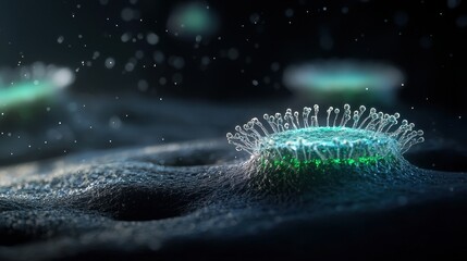 Poster - Abstract microscopic view of viruses with illuminating features in a dark background, showcasing the intricate details of microbial structures and interactions